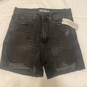 Black wash, denim jean shorts, high rise midi short.